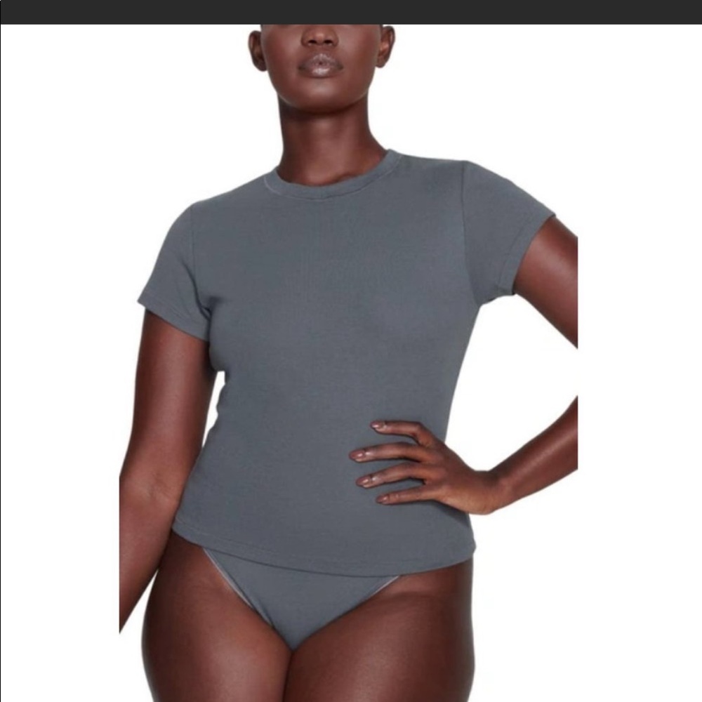 SKIMS Pointelle Logo T-Shirt in Slate